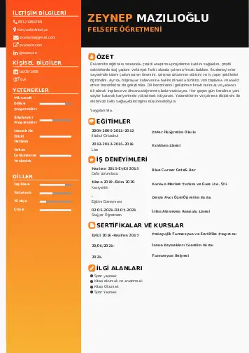 Felsefe Öğretmeni CV Örnekleri cv indir